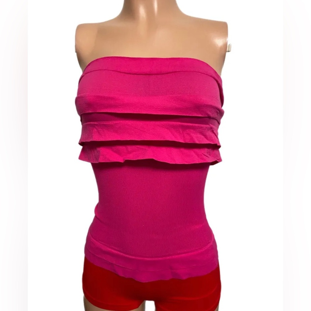 Strapless pink ruffled ribbed seamless O/S Tube top Semi crop V2K Glam weekend